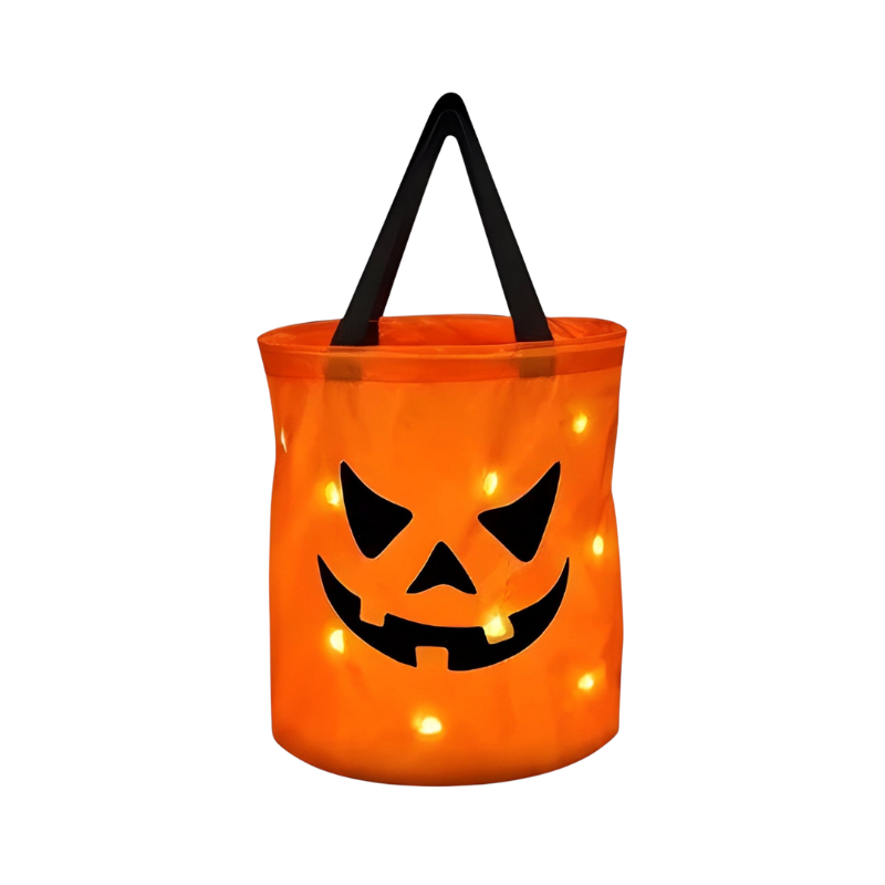 Seau à bonbons citrouille d'Halloween avec lumières LED, vue de face