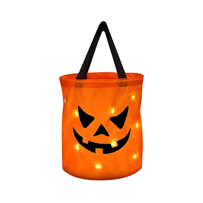 Seau à bonbons citrouille d'Halloween avec lumières LED, vue de face