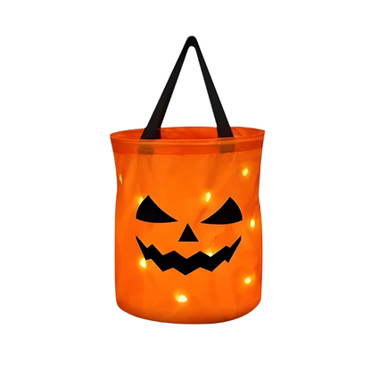 Seau à bonbons citrouille d'Halloween avec lumières LED, vue de côté