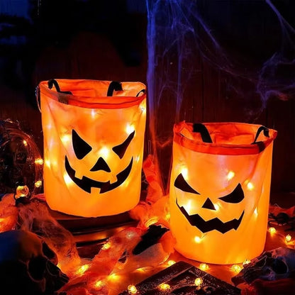 Seau à bonbons citrouille d'Halloween avec lumières LED, vue de dessus