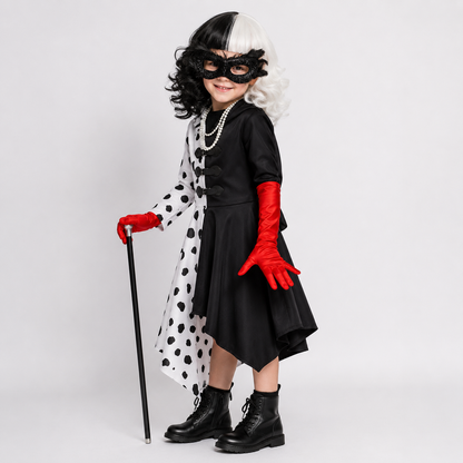 Robe de costume Cruella pour enfant avec taches de dalmatien, vue de face
