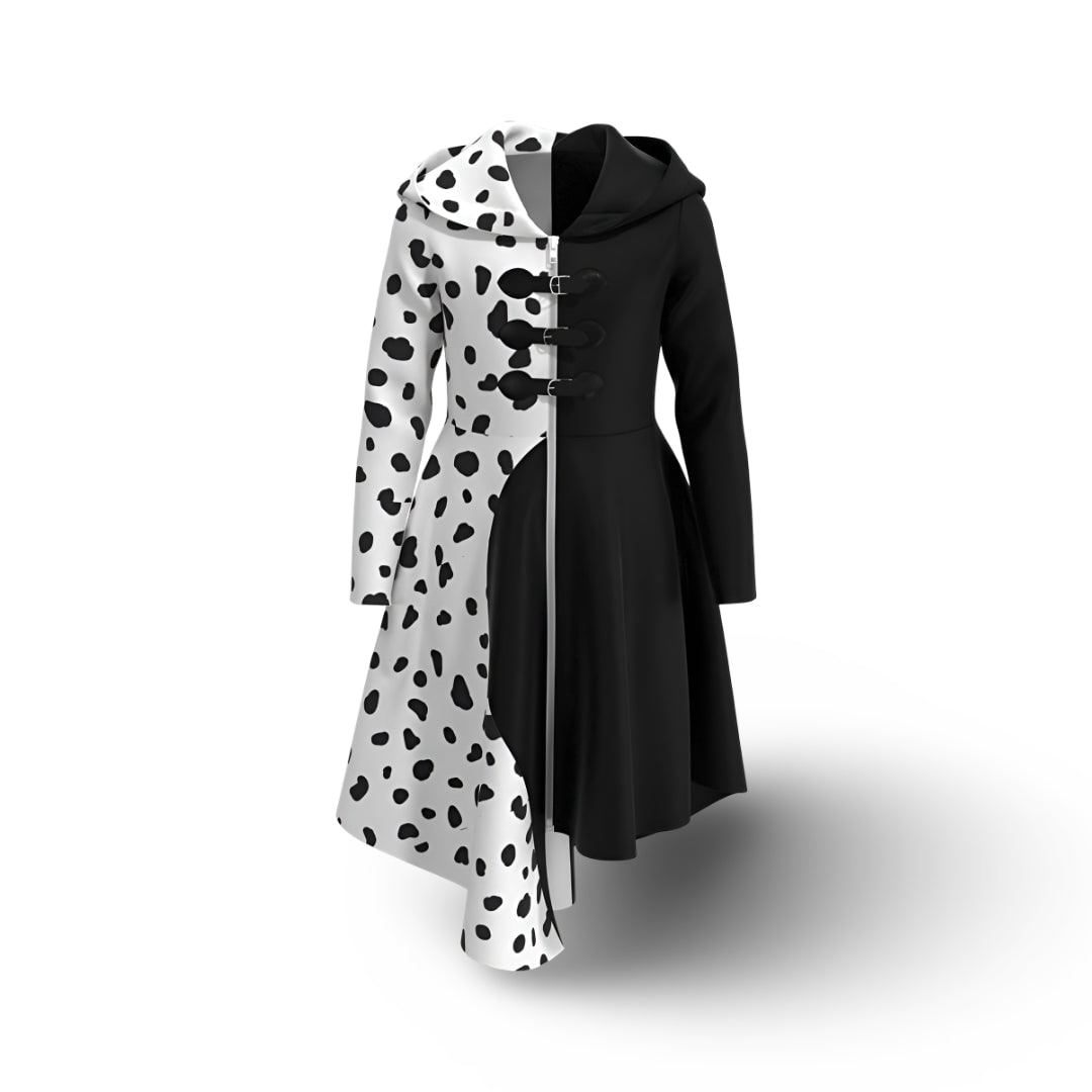 Robe de costume Cruella pour enfant avec taches de dalmatien, vue de dos