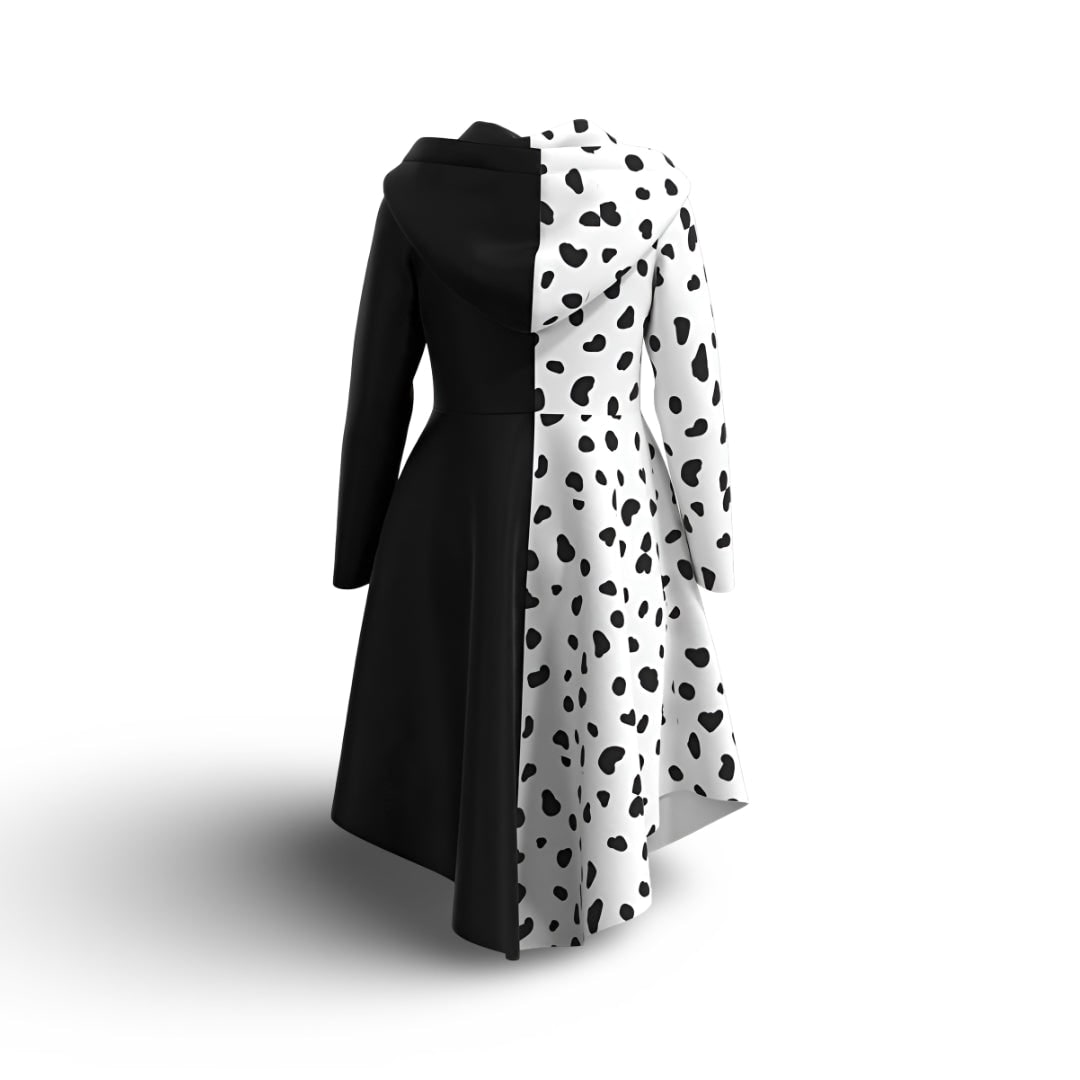 Robe de costume Cruella pour enfant avec taches de dalmatien, détail de la capuche intégrée
