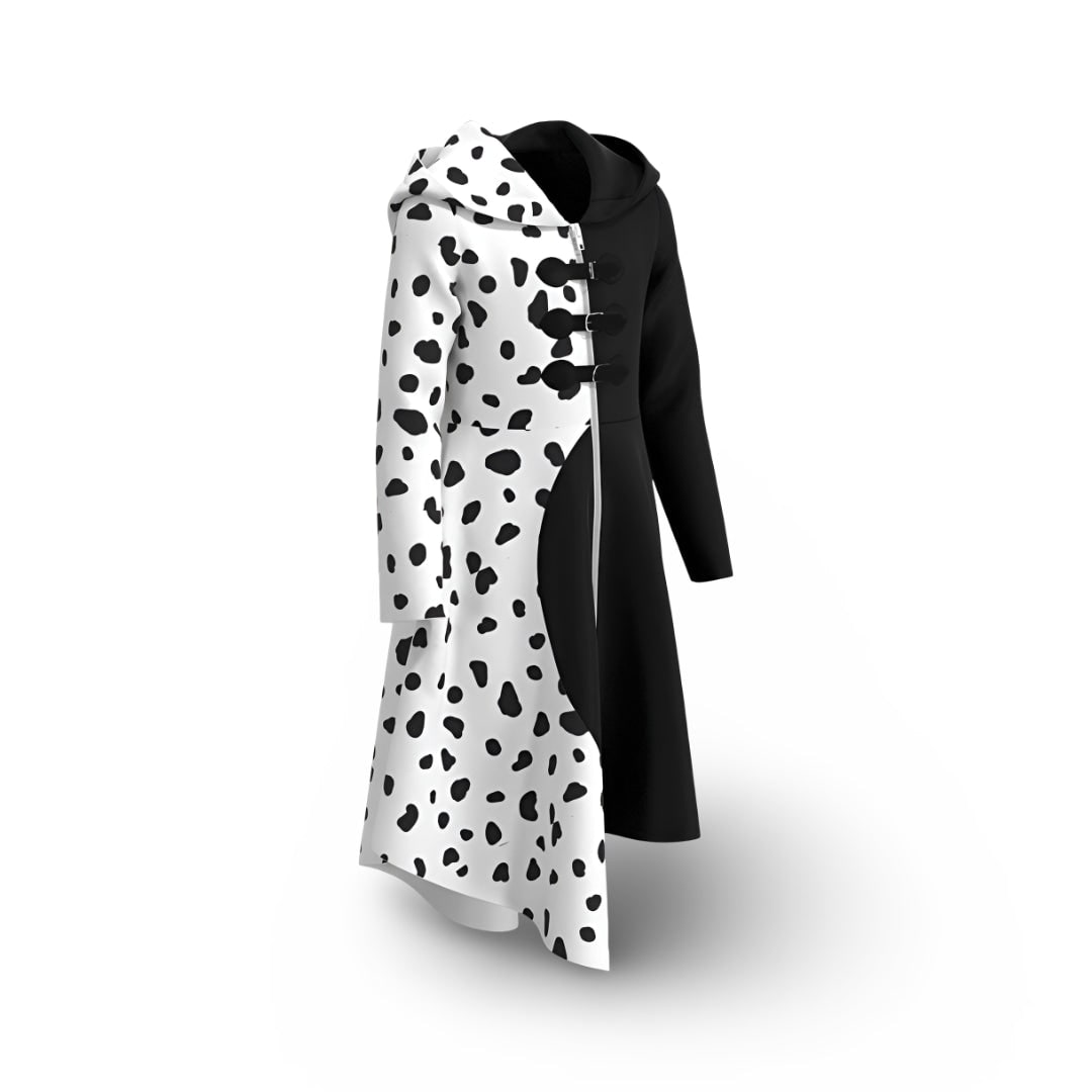 Robe de costume Cruella pour enfant avec taches de dalmatien, portée par un mannequin