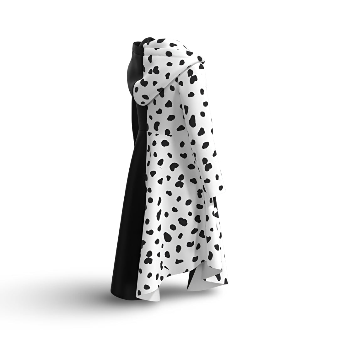 Robe de costume Cruella pour enfant avec taches de dalmatien, emballage