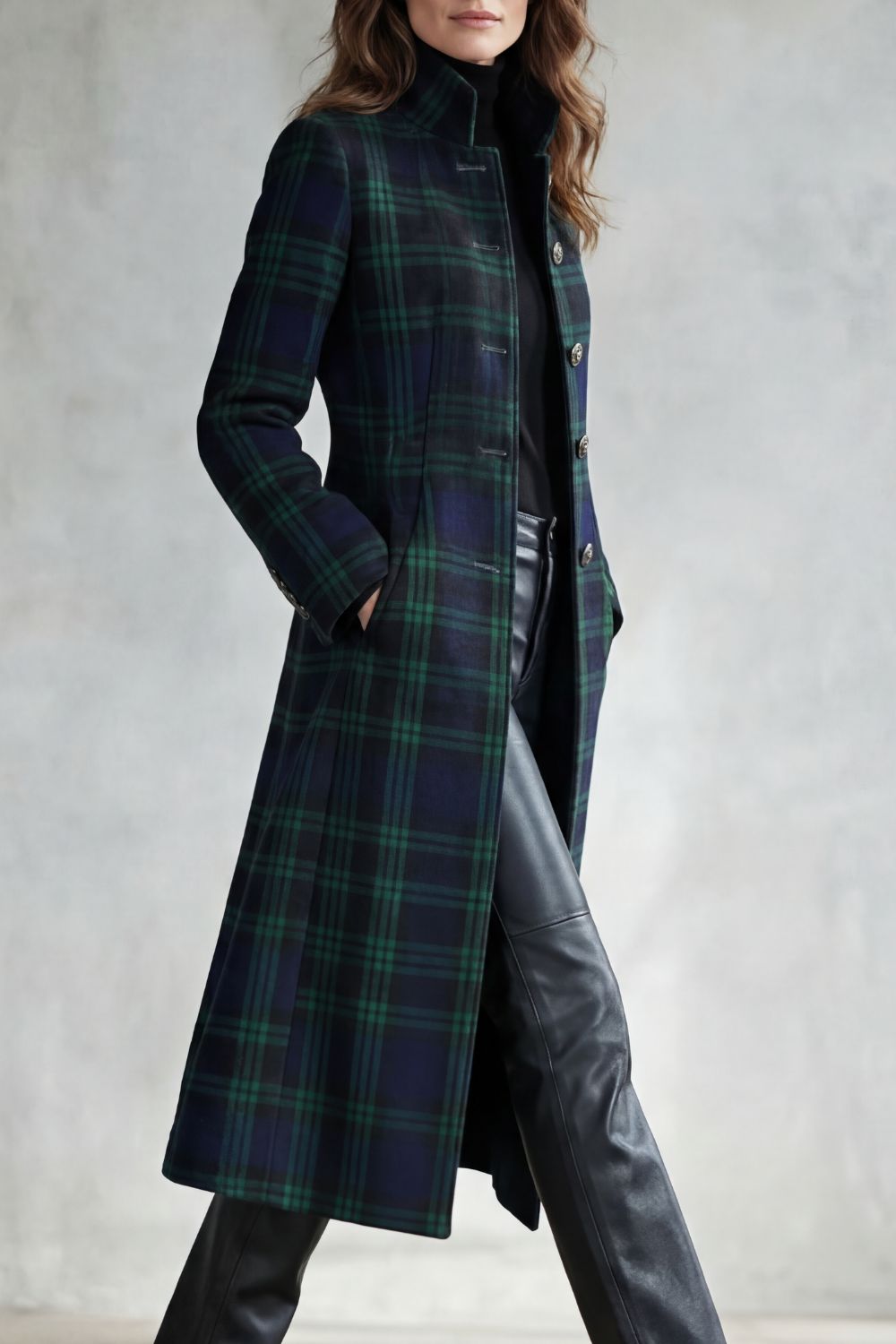 Manteau en laine à carreaux écossais, détail du tissu