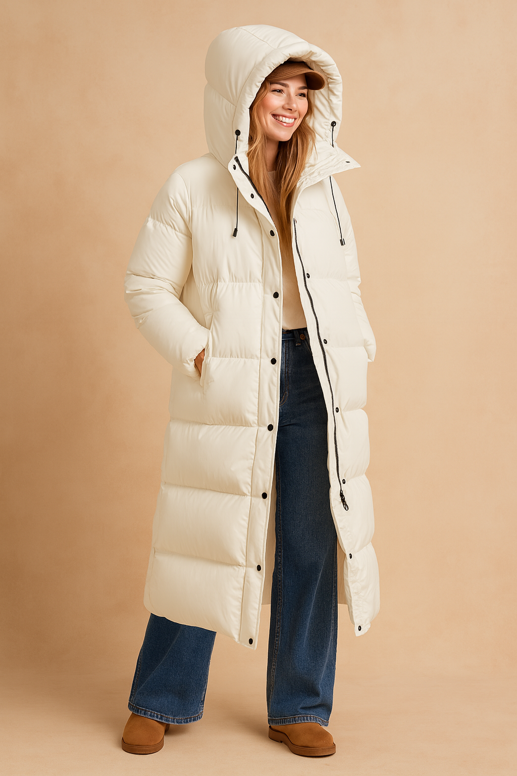 Manteau long hivernal avec capuchon et design piké, vue avant