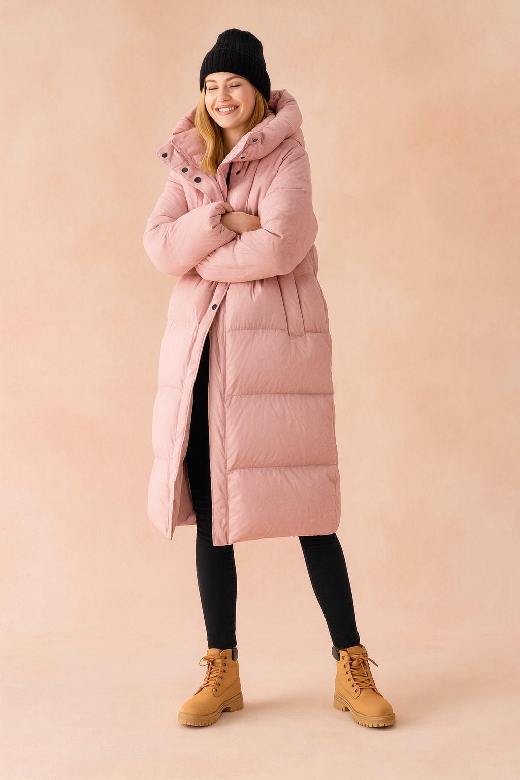 Manteau long hivernal avec capuchon et design piké, vue arrière