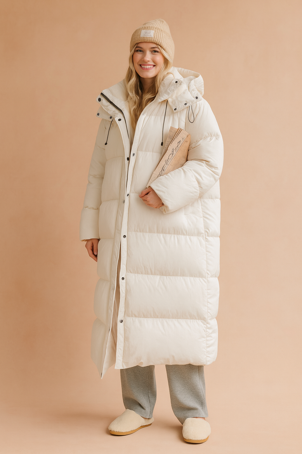 Manteau long hivernal avec capuchon et design piké, mannequin