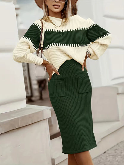 Women's Ribbed Knit Skirt Set – High Neck Sweater Co-Ord