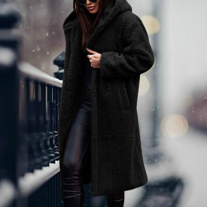 Manteau femme à capuchon en fleece long, vue de dos