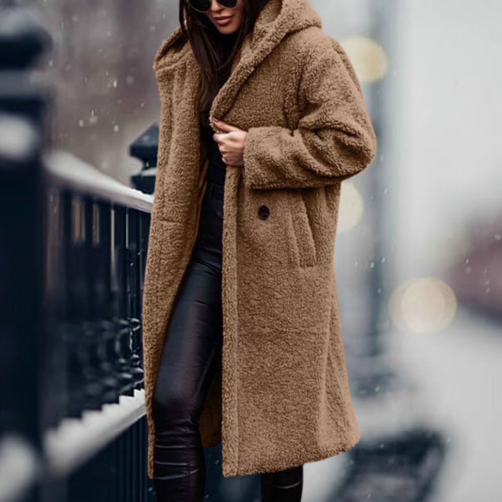 Manteau femme à capuchon en fleece long, flat lay
