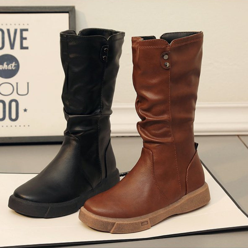 bottes mi-mollet marron avec fermeture éclair, vue de dessus