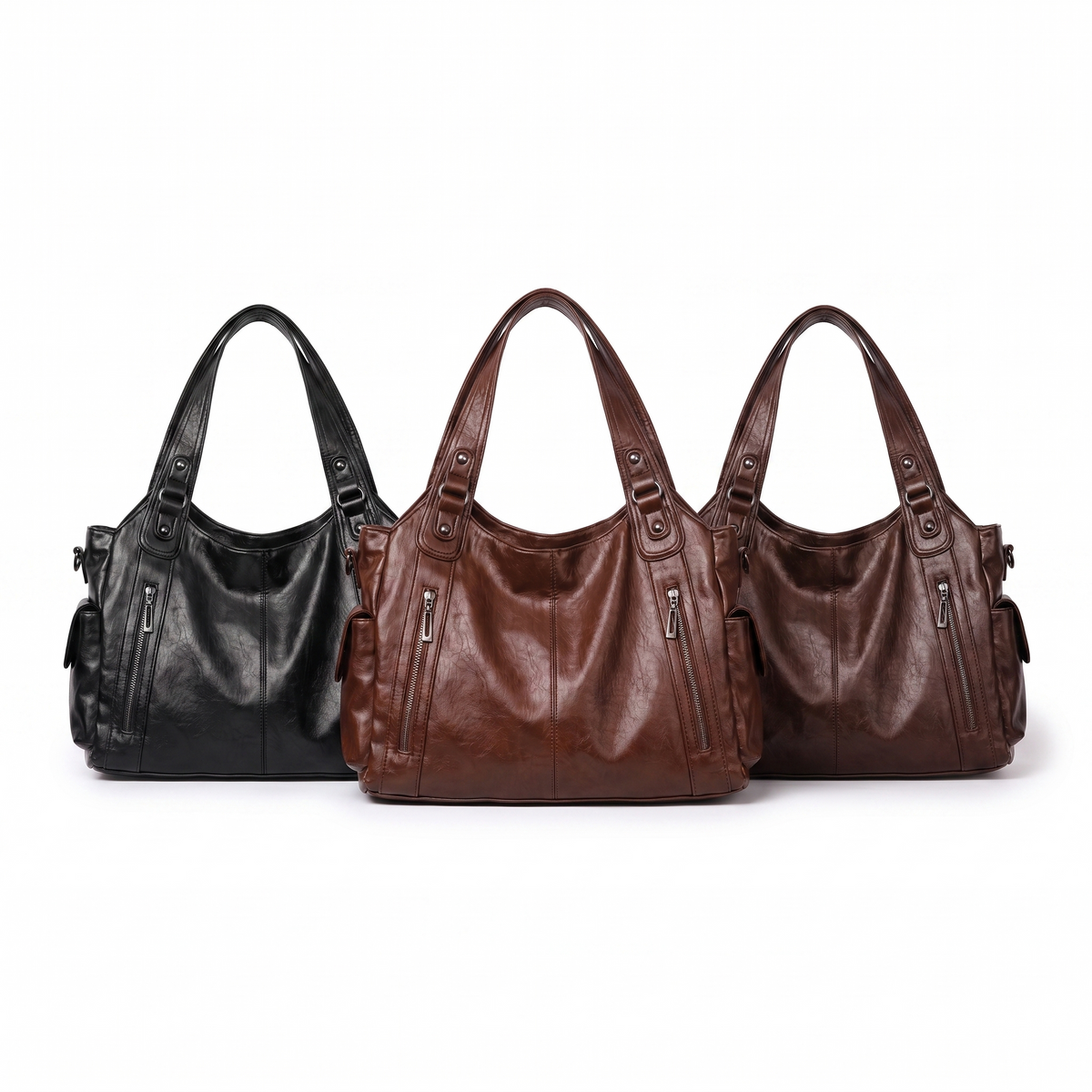 Sac à épaule en cuir faux, détail de la poche zip