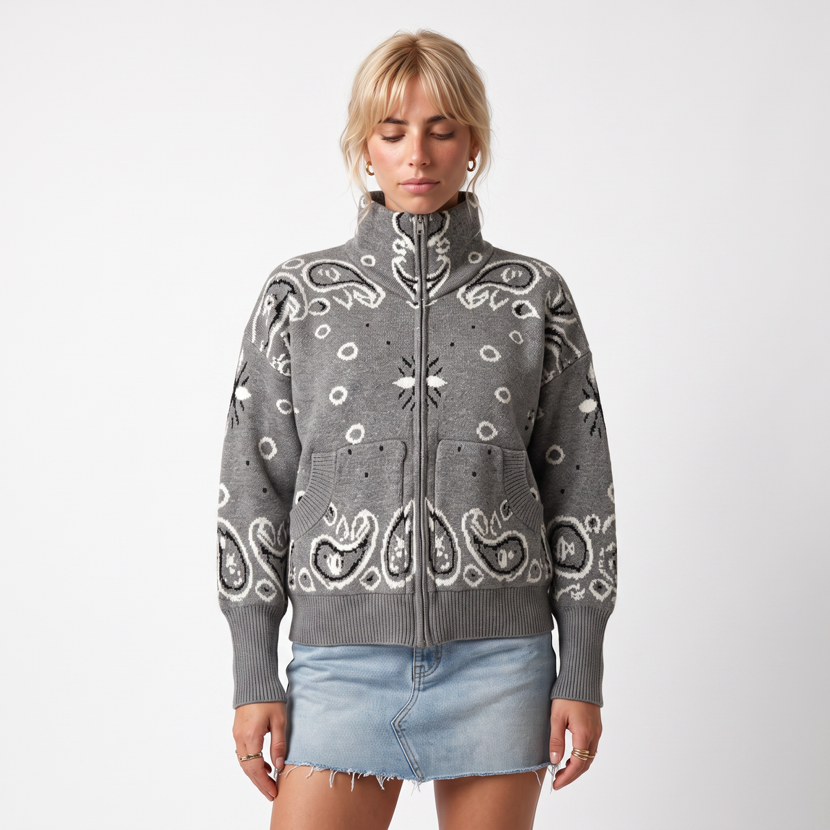 Cardigan col à zip imprimé paisley, vue de face