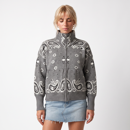 Cardigan col à zip imprimé paisley, vue de face