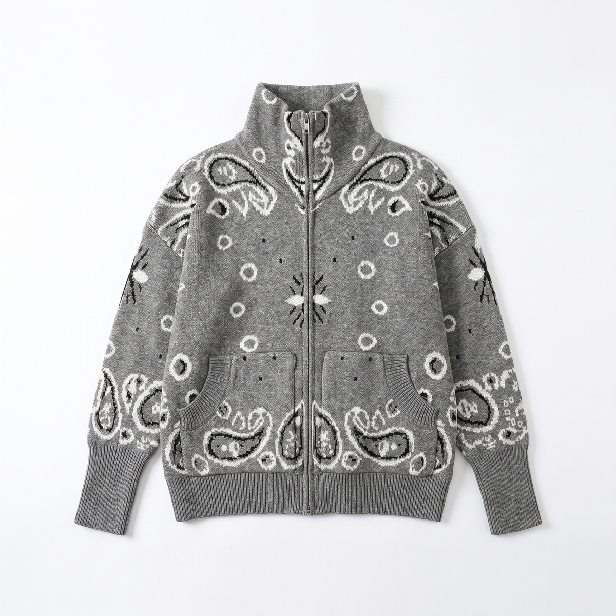 Cardigan col à zip imprimé paisley, détail du zip