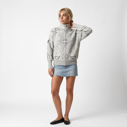 Cardigan col à zip imprimé paisley, détail du col