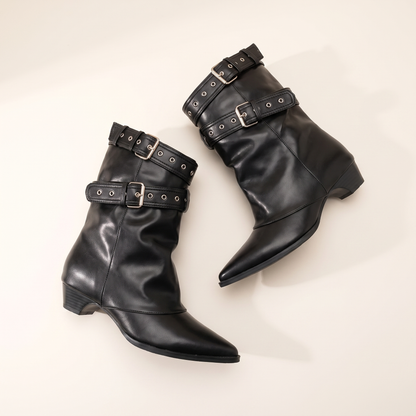 Women's Slouchy Buckle Pointed Toe Block Heel Boots – Everyday Casual Boots