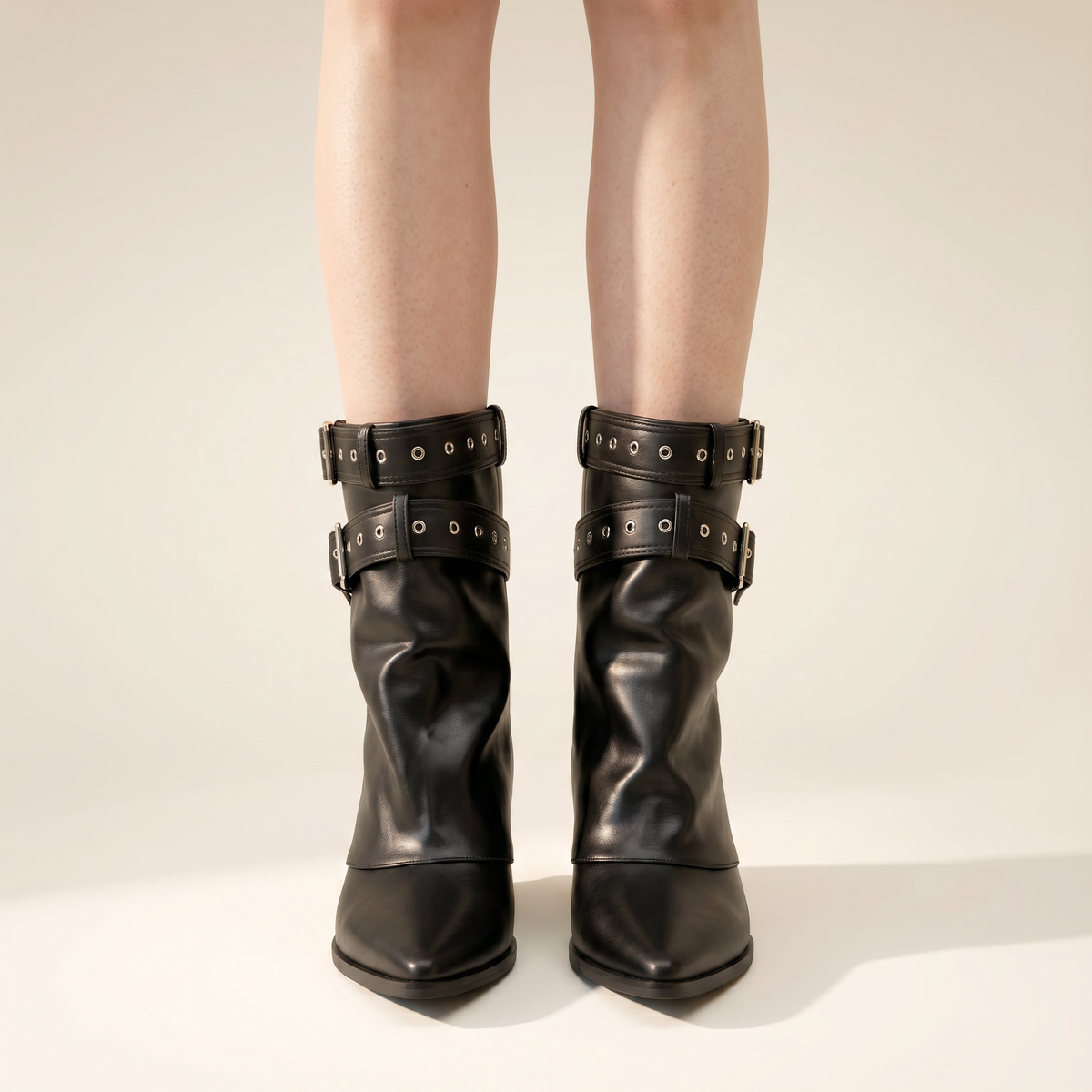 Women's Slouchy Buckle Pointed Toe Block Heel Boots – Everyday Casual Boots