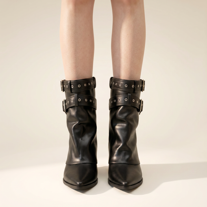 Women's Slouchy Buckle Pointed Toe Block Heel Boots – Everyday Casual Boots