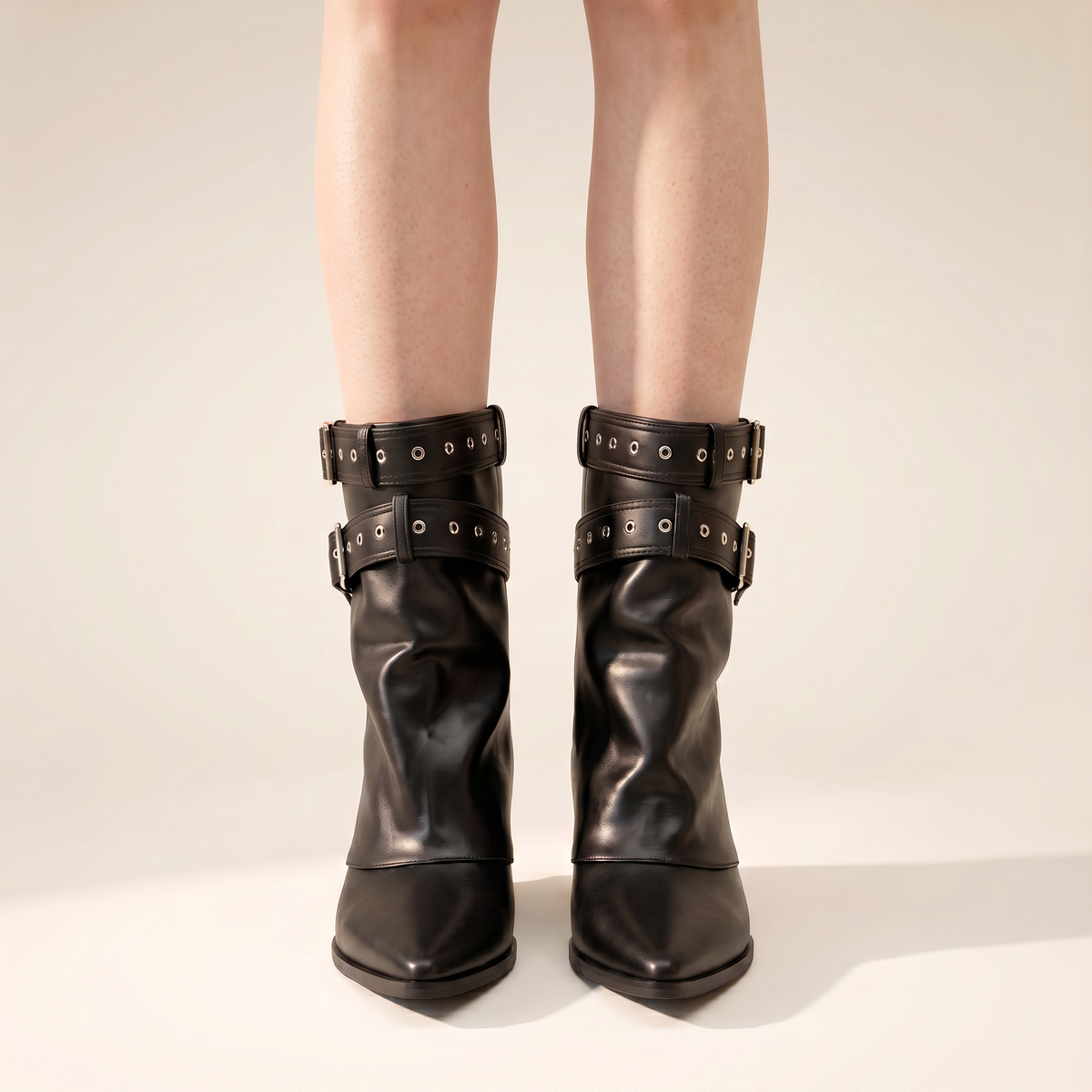 Women's Slouchy Buckle Pointed Toe Block Heel Boots – Everyday Casual Boots