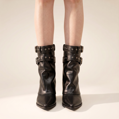 Women's Slouchy Buckle Pointed Toe Block Heel Boots – Everyday Casual Boots