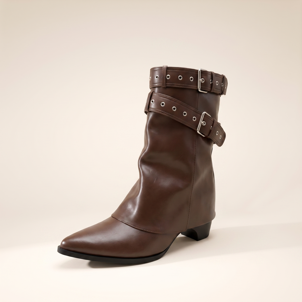 Women's Slouchy Buckle Pointed Toe Block Heel Boots – Everyday Casual Boots