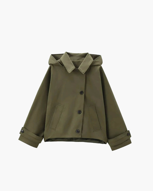 Trench-coat court à capuche vert armée, vue de face