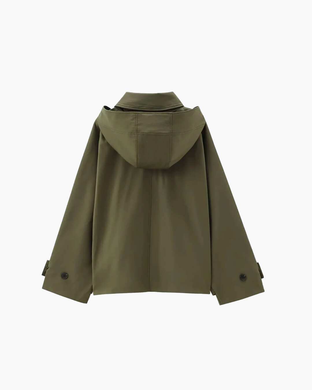 Zoom sur le col à revers et la capuche du trench-coat vert armée