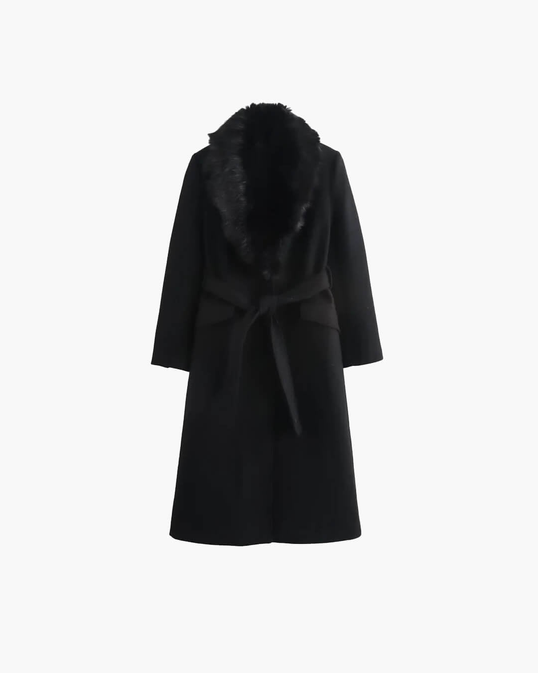 manteau maxi avec fermeture lacée, vue de profil avec col de fourrure artificielle