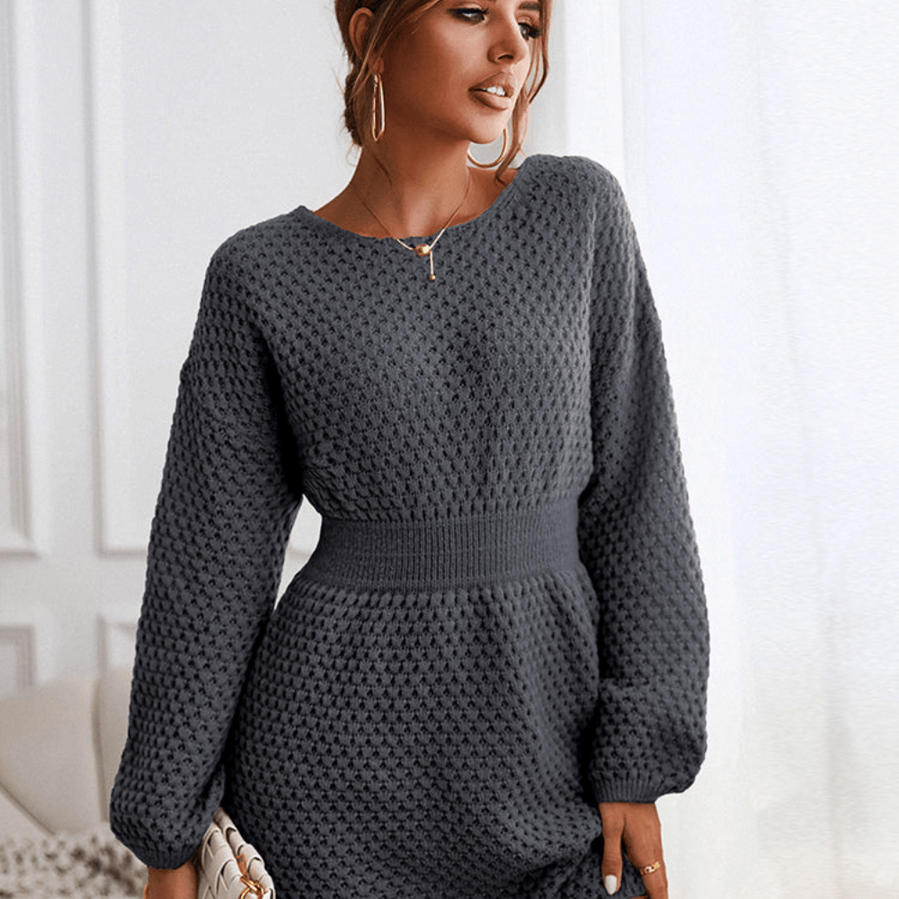 robe pull courte femme gris, vue de face, col rond et manches longues bouffantes