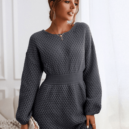robe pull courte femme gris, vue de face, col rond et manches longues bouffantes