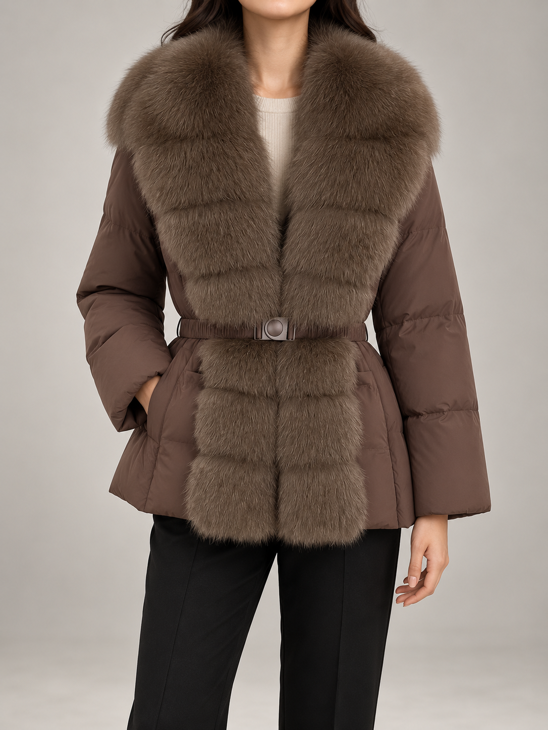 Manteau hivernal à capuchon en fausse fourrure, vue de face