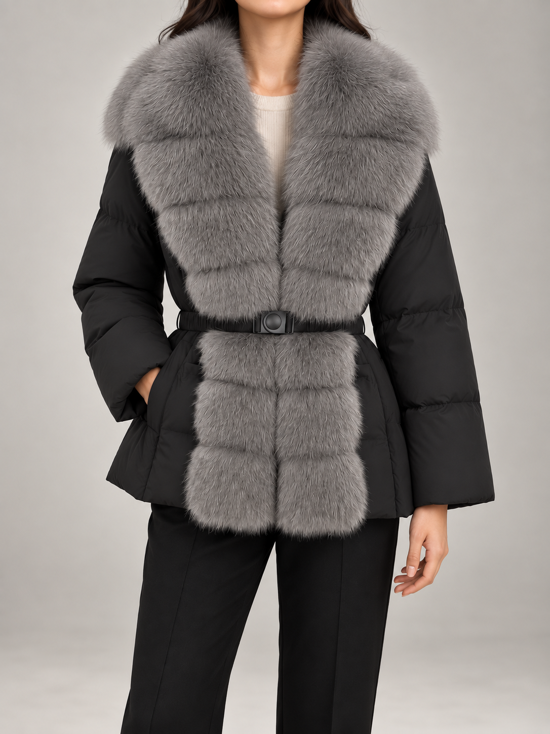 Détail de la ceinture à la taille du manteau hivernal