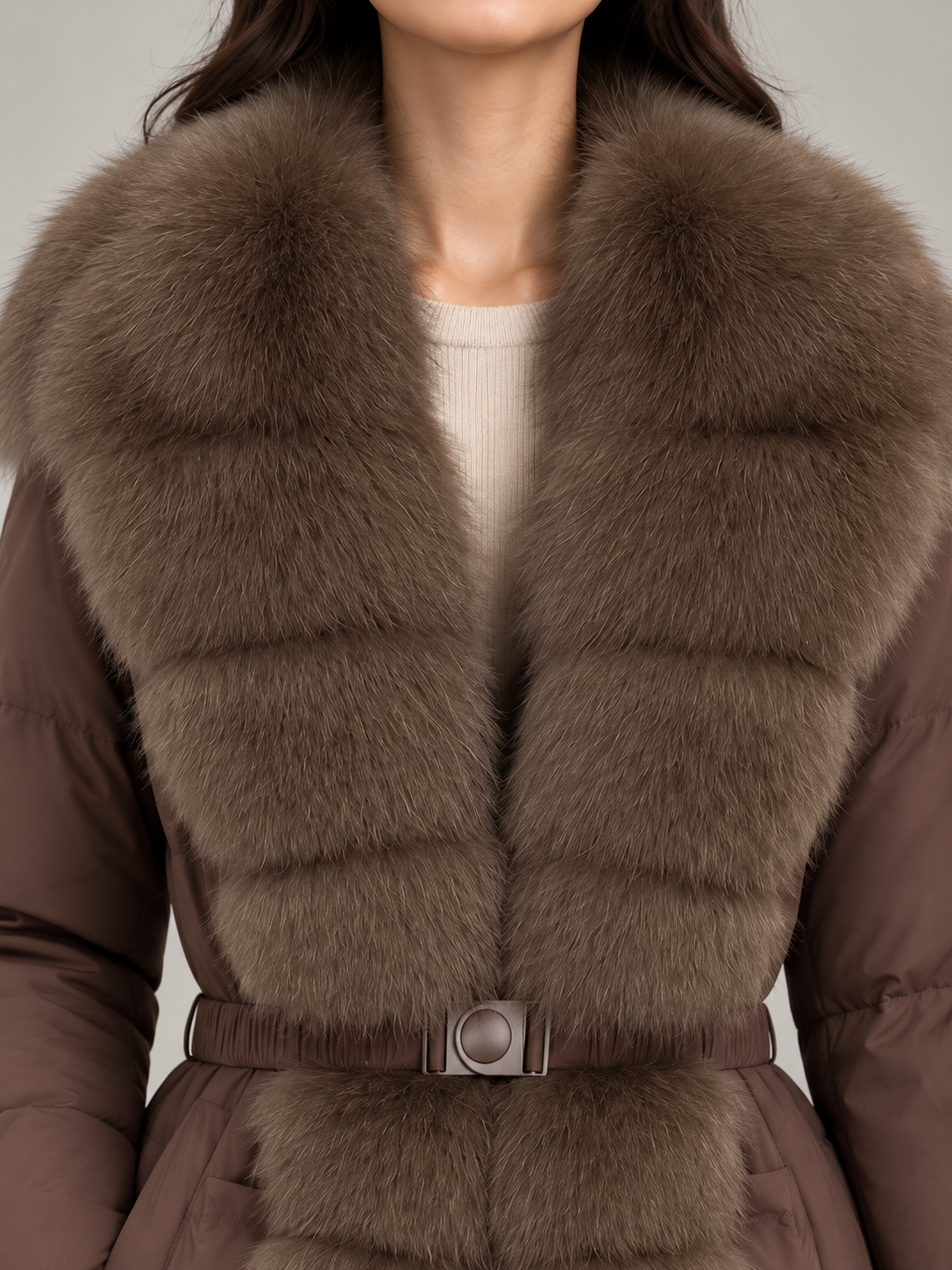 Manteau hivernal à capuchon en fausse fourrure, détail de la fermeture