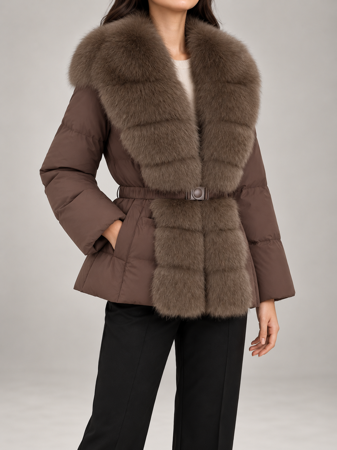 Manteau hivernal à capuchon en fausse fourrure, vue de profil montrant la coupe cintrée à la taille