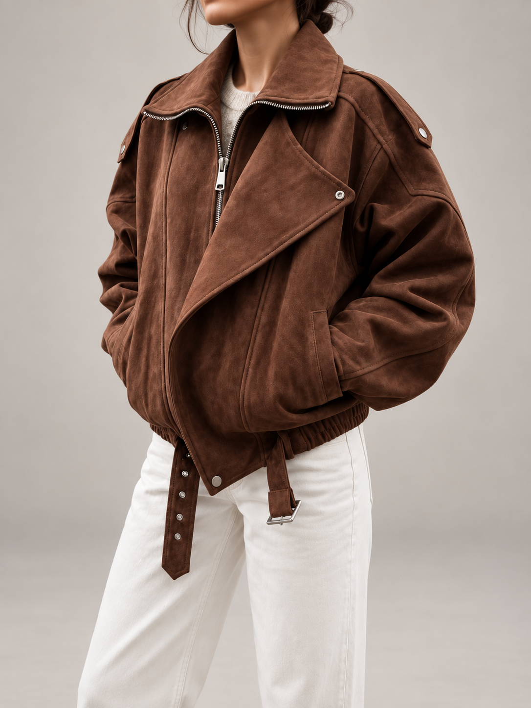 Veste en simili cuir démesurée, modèle portant la veste, vue de côté