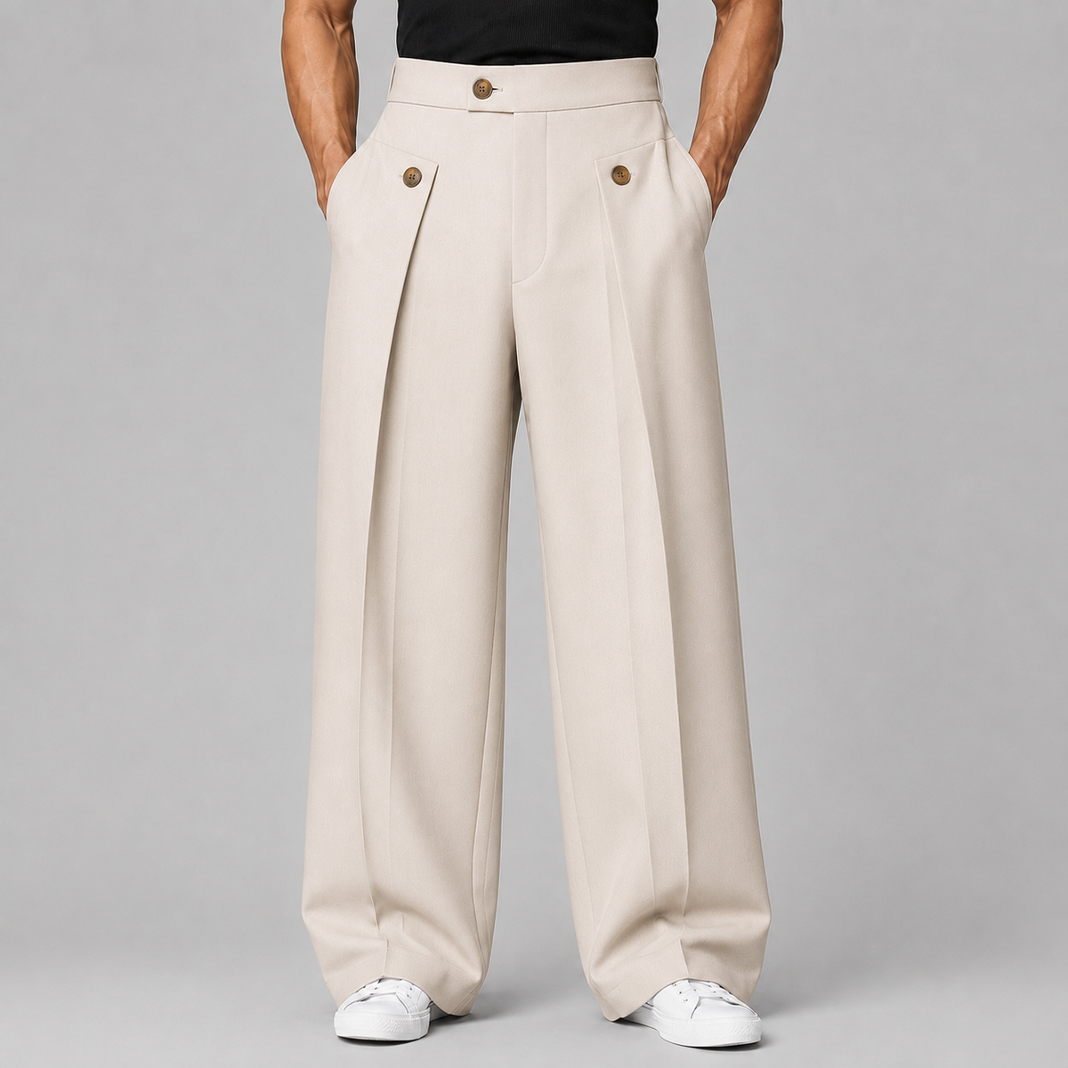 Pantalon large pour homme avec plis avant, couleur beige