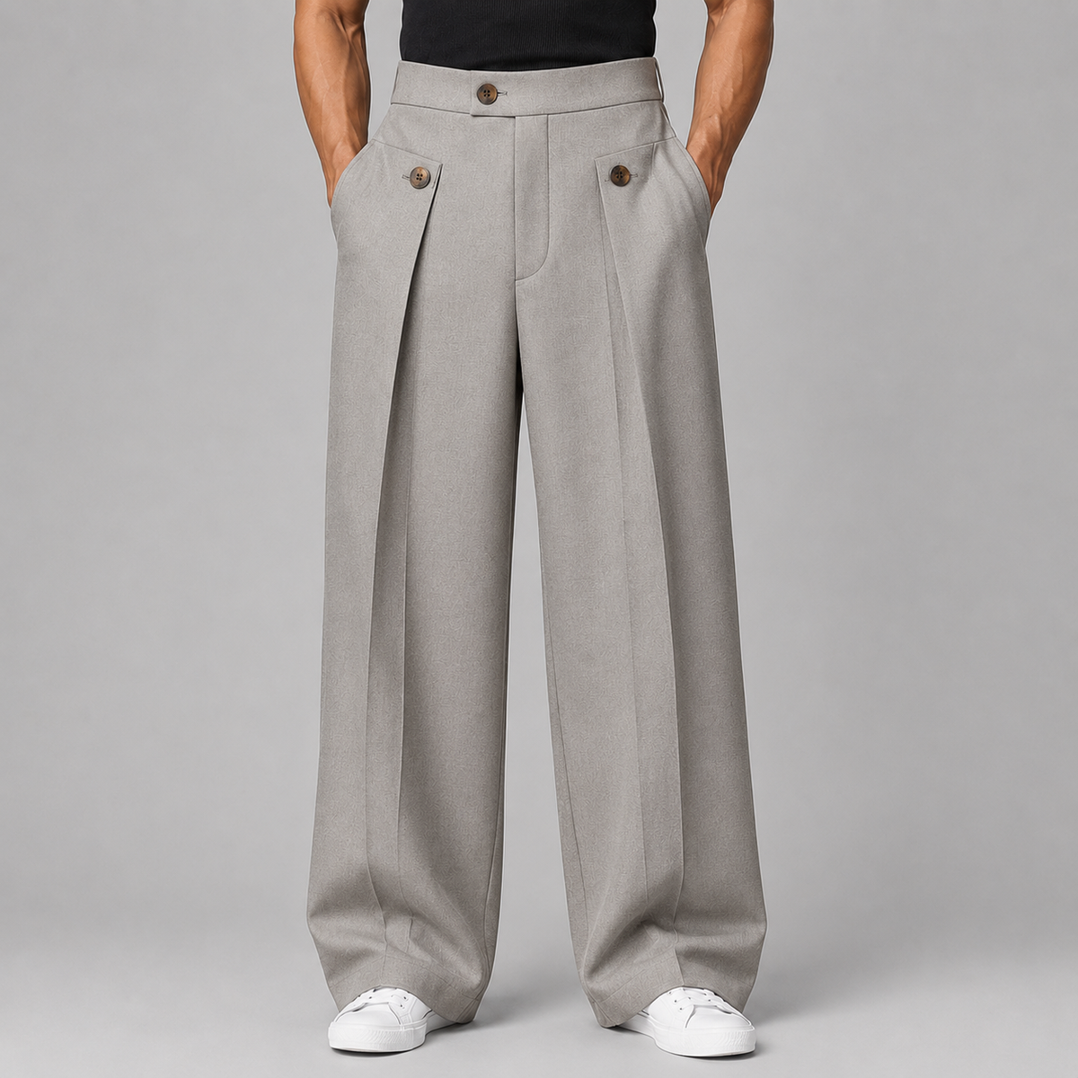 Pantalon large pour homme avec plis avant, couleur grise, vue avant