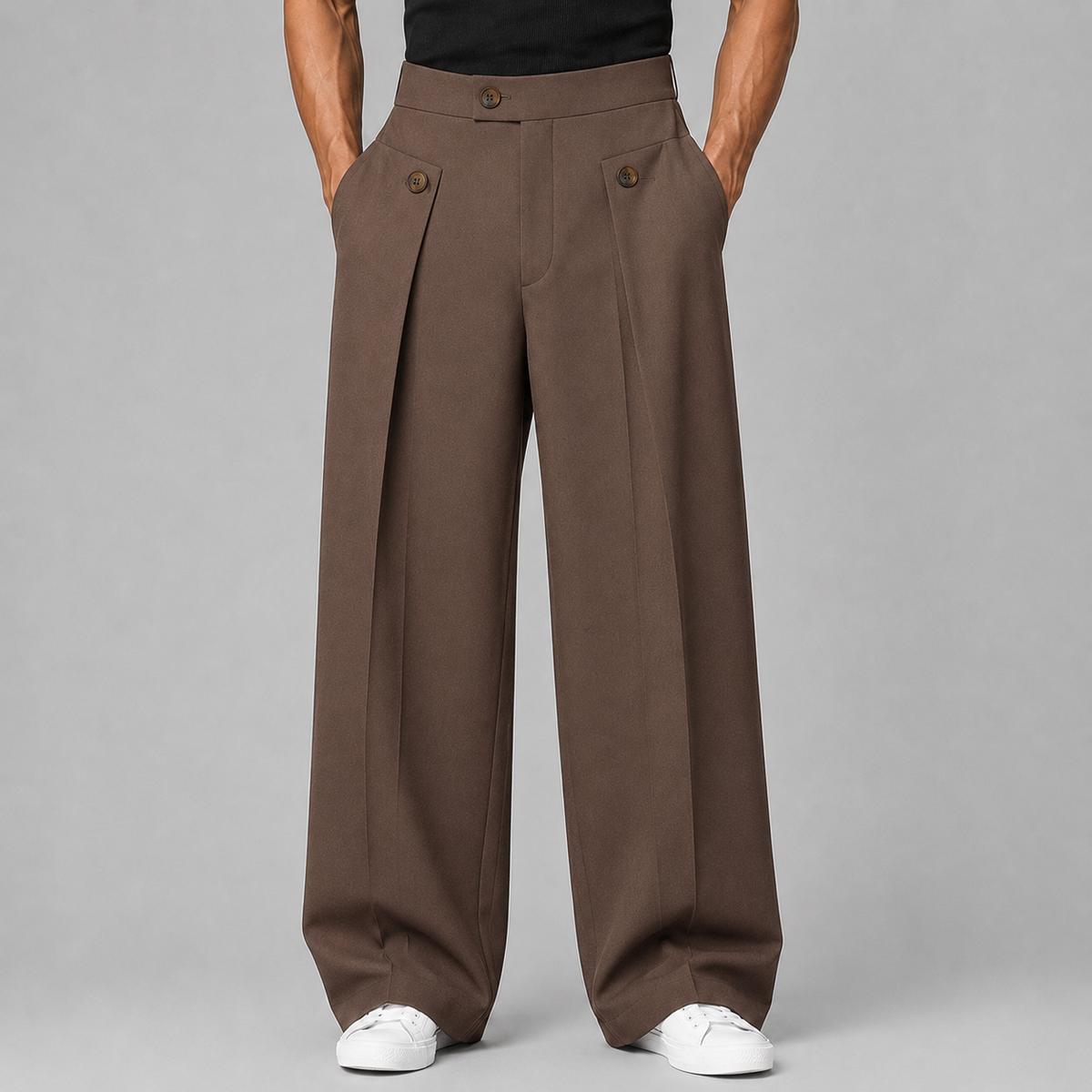 Pantalon large pour homme avec plis avant, couleur marron, vue arrière