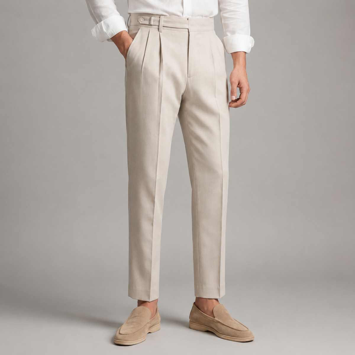 Pantalon tailleur pour homme, détail de la ceinture