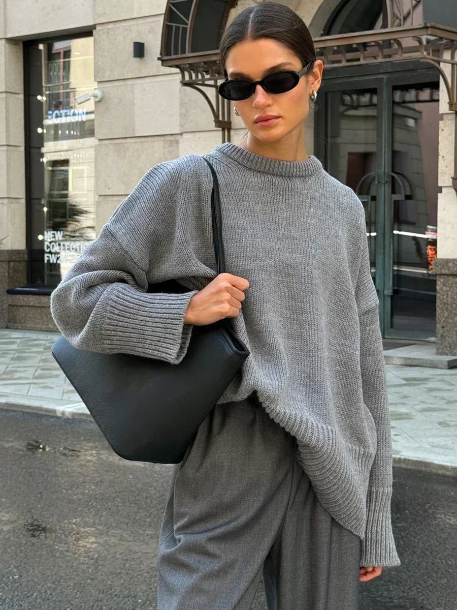 pull oversize en maille cotelee marron pour femme vue de face