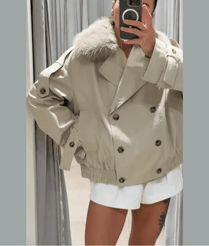 manteau trench avec col de fourrure factice, vue arrière
