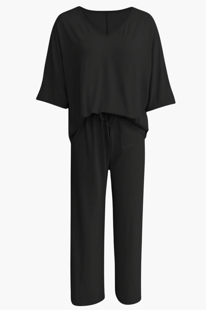 Ensemble Femme 2 Pièces Haut Col V & Pantalon Large Fluide – Tenue Élégante | Invitée de Mariage
