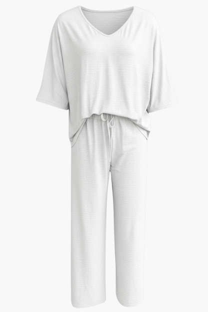 Ensemble Femme 2 Pièces Haut Col V & Pantalon Large Fluide – Tenue Élégante | Invitée de Mariage