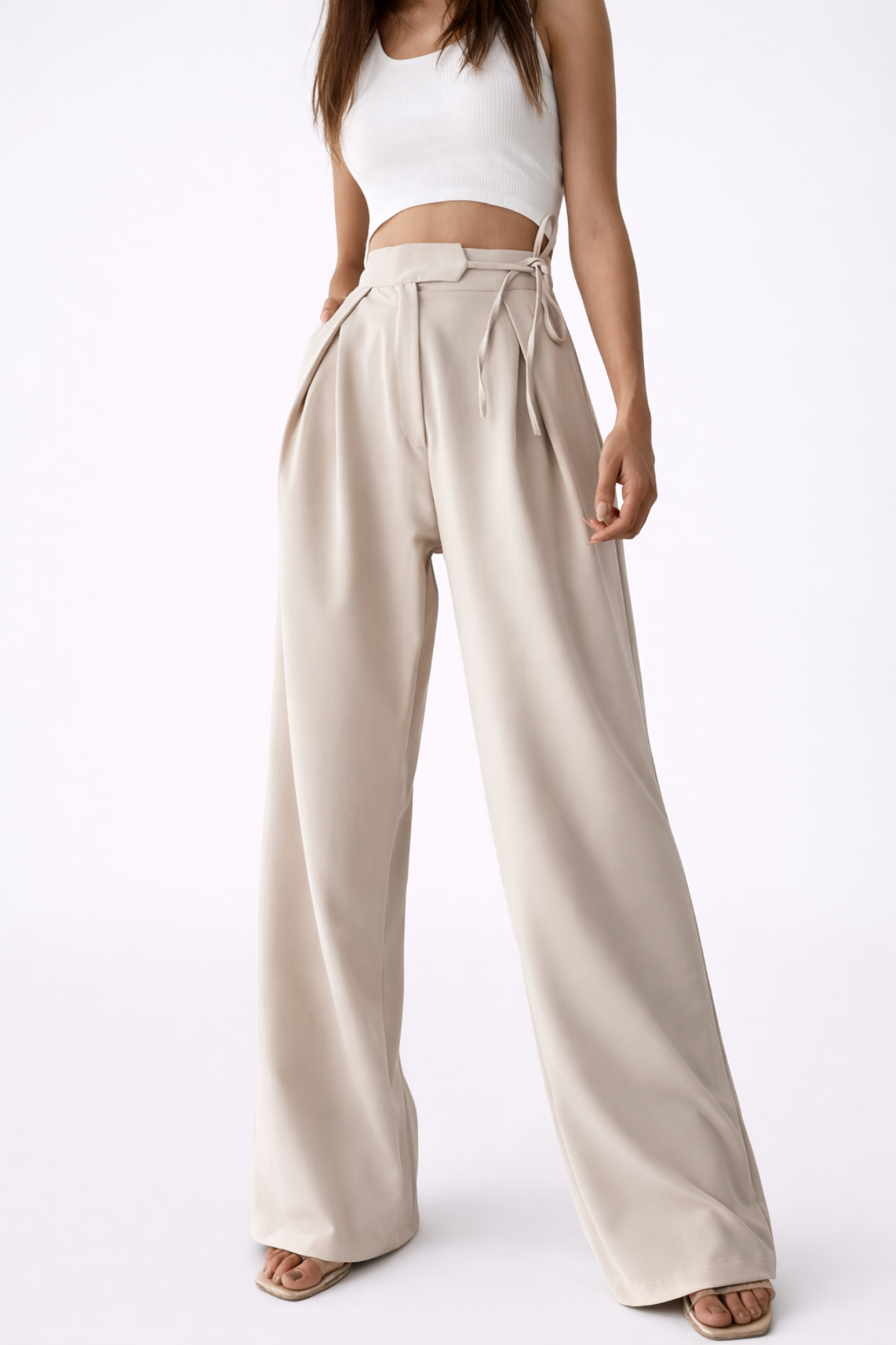 Pantalon Femme Large Taille Haute – Coupe Fluide avec Détail Noué