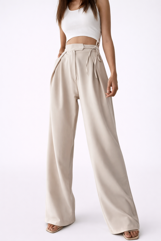 Pantalon Femme Large Taille Haute – Coupe Fluide avec Détail Noué