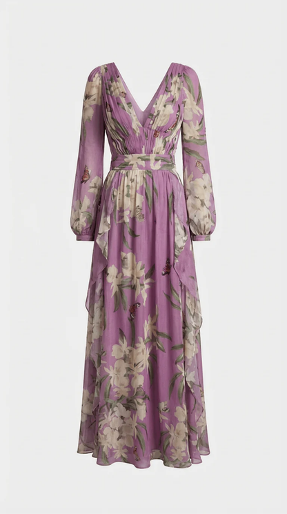 Robe Longue Fleurie Femme à Décolleté Cache-Cœur et Manches Longues