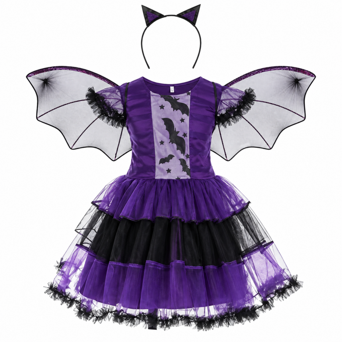 Ensemble de sorcière 4 pièces pour fille, robe chauve-souris vue de face